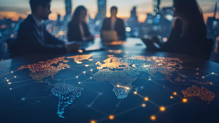 Image de partenaires commerciaux devant une carte du monde lumineuse.