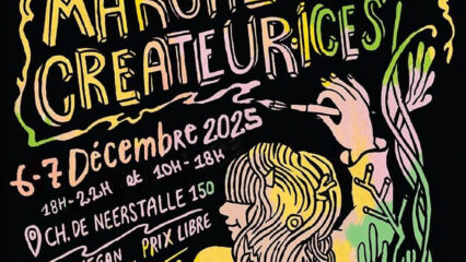 Affiche dessinée sur laquelle on voit une femme en train d'écrire le programme d'un marché.