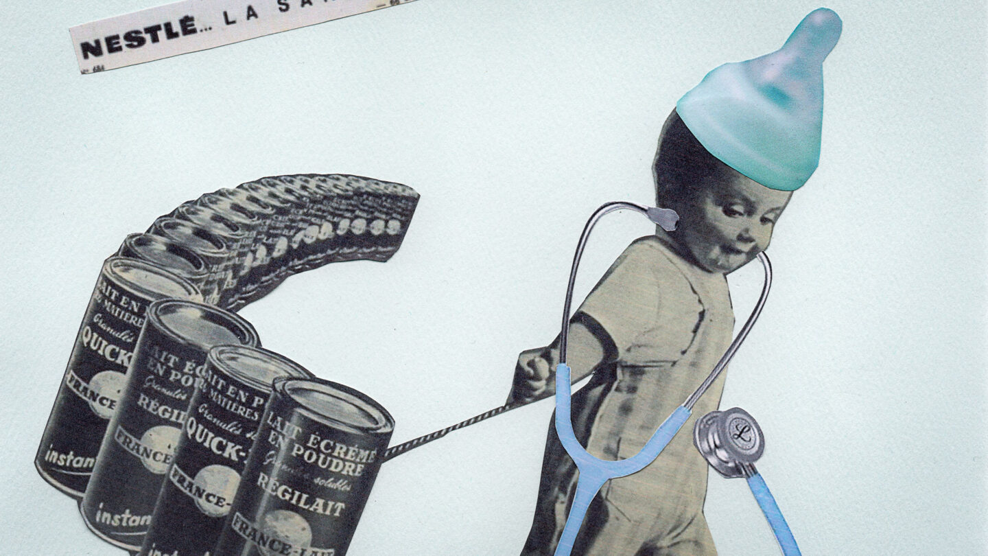 Collage avec des images publicitaires montrant un bébé avec un stéthoscope et des boîtes de lait.