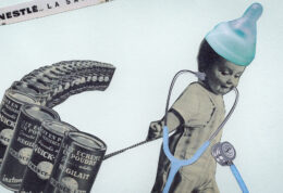 Collage avec des images publicitaires montrant un bébé avec un stéthoscope et des boîtes de lait.