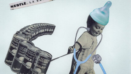 Collage avec des images publicitaires montrant un bébé avec un stéthoscope et des boîtes de lait.
