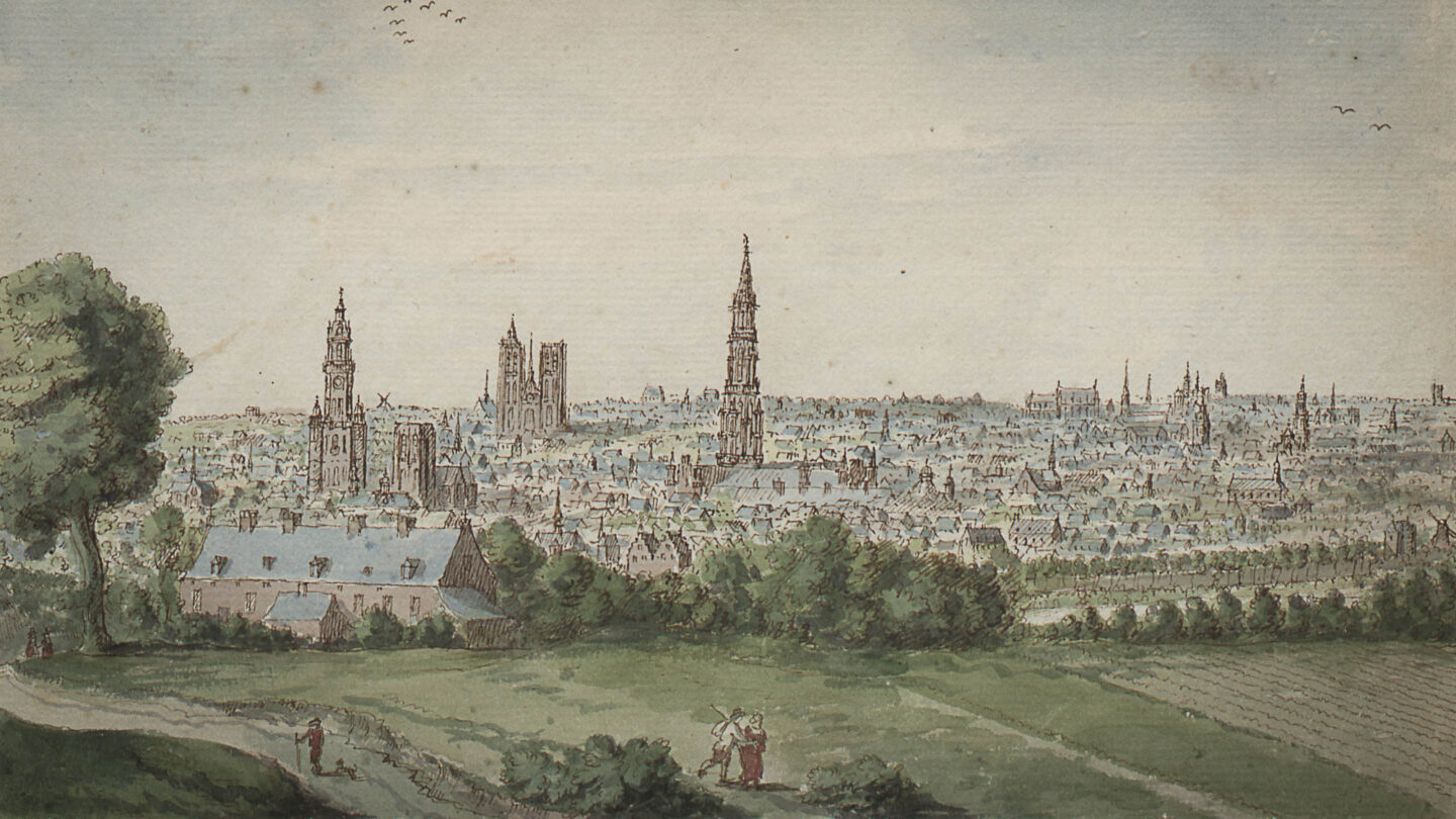 Peinture de Bruxelles datant de 1700 sur laquelle on voit es tours du beffroi, de Saint-Géry, de la cathédrale et de l’hôtel de ville.
