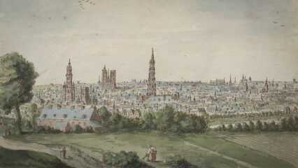 Peinture de Bruxelles datant de 1700 sur laquelle on voit es tours du beffroi, de Saint-Géry, de la cathédrale et de l’hôtel de ville.