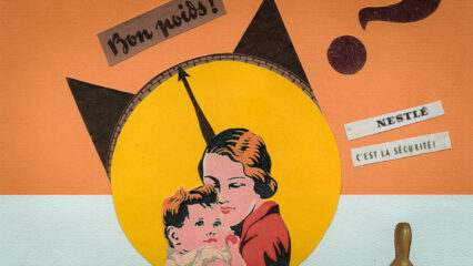 Collage à partir d'images publicitaires montrant une maman et son bébé.