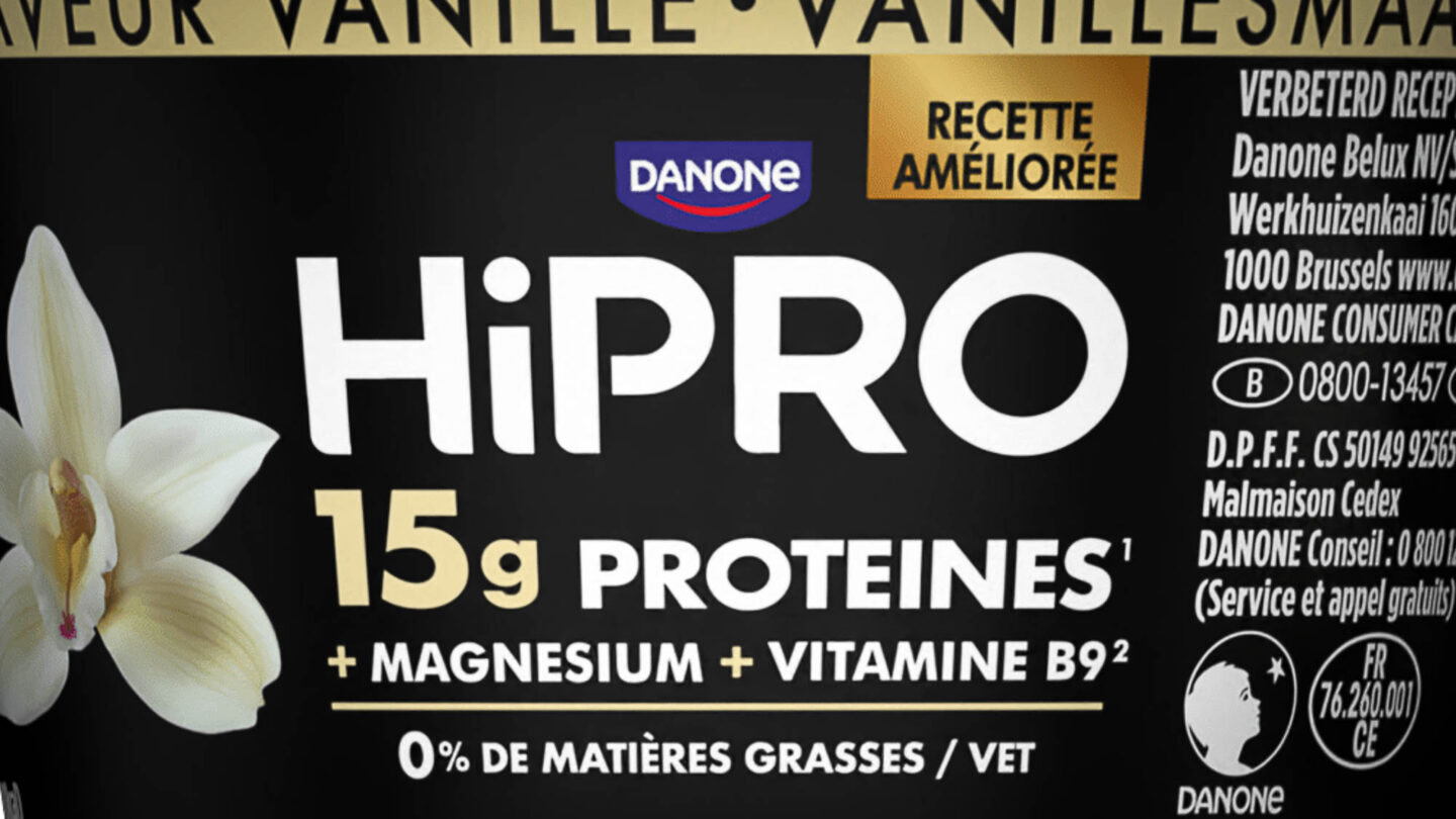 Emballage d’un produit HiPRO de Danone annonçant 15 g de protéines.