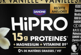 Emballage d’un produit HiPRO de Danone annonçant 15 g de protéines.