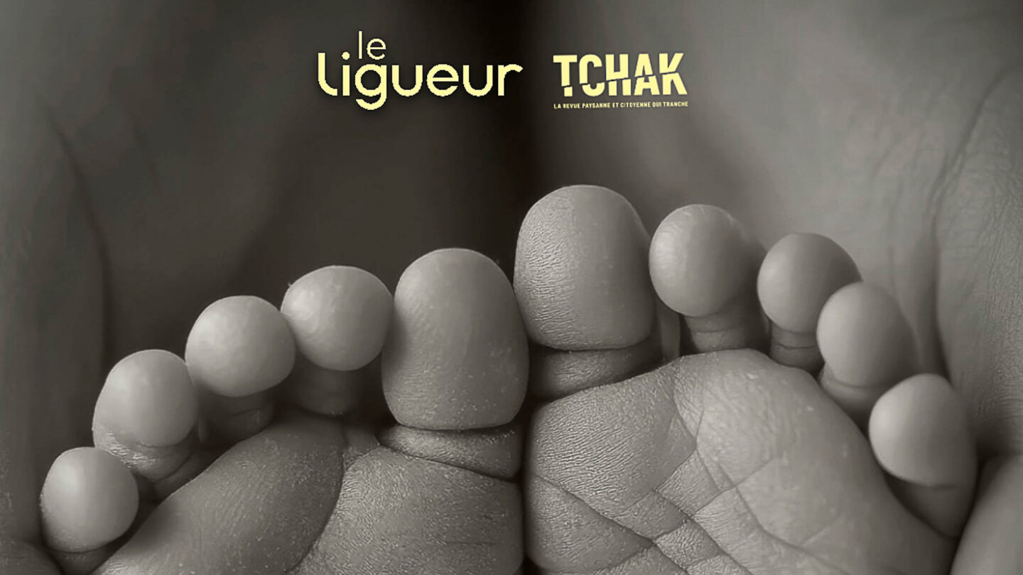 Deux pieds de bébés en noir et blanc, avec les logos de Tchak et du Ligueur.