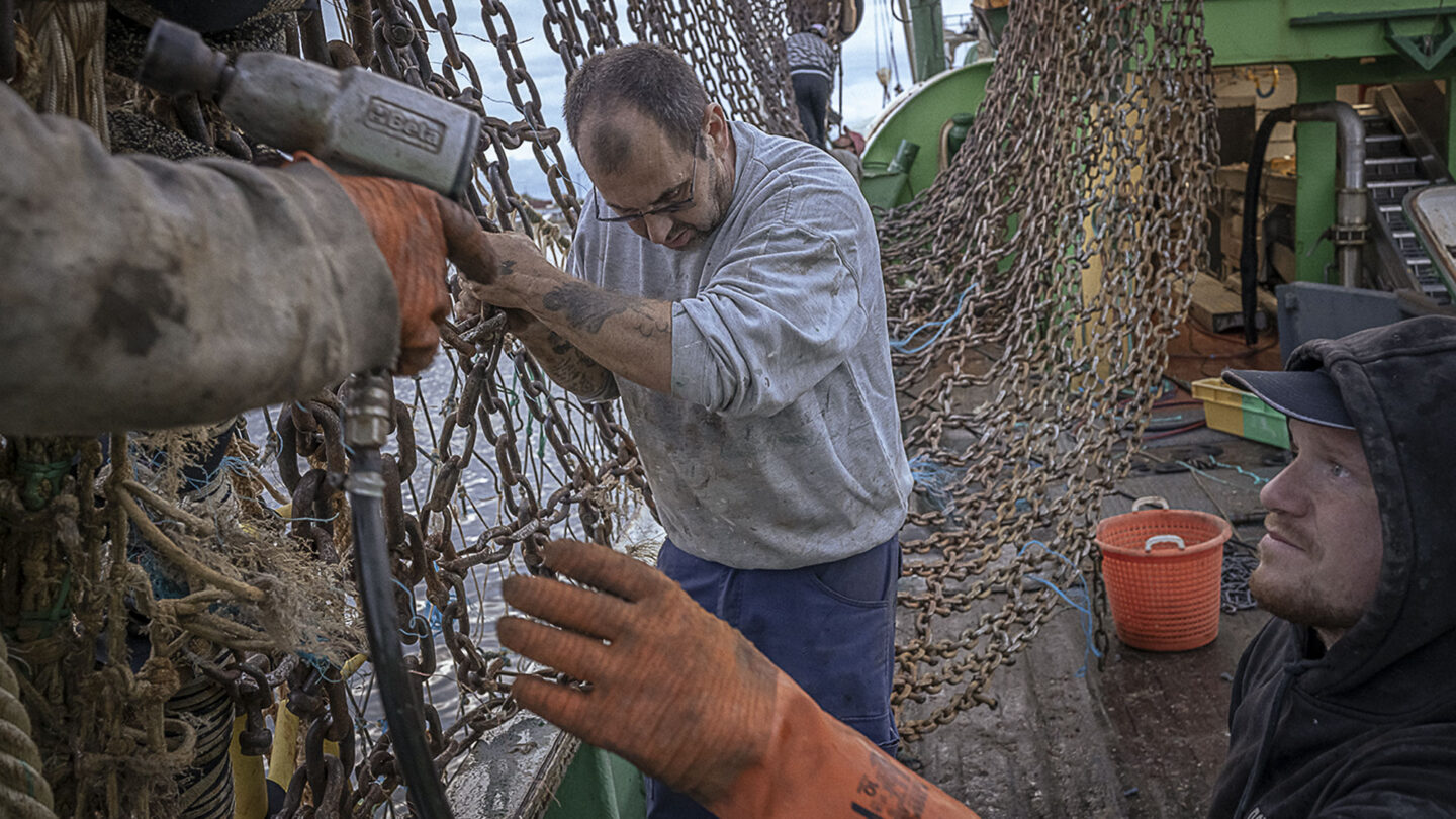 Des pêcheurs travaillent sur un chalut à perche.